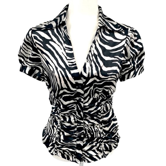 Guess Tops - Guess Jeans Zebra Print Silky Short Sleeve Button Front Ruched Collared Blouse